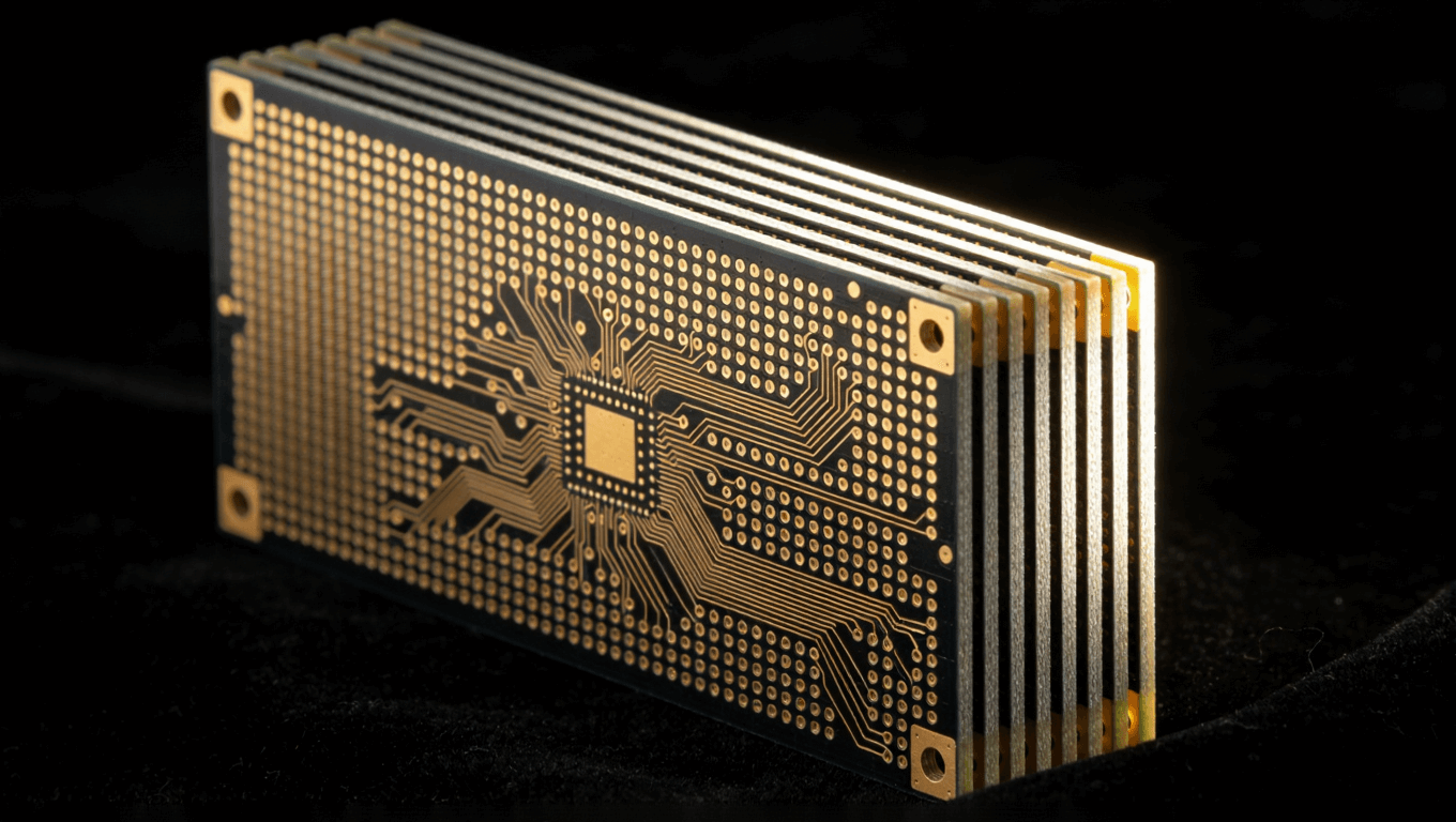 制造完成的毫米波PCB多層板靜物特寫，展示完美線路與層壓結(jié)構(gòu)