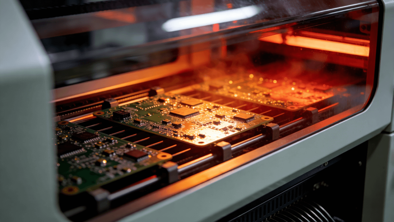 SMT生產(chǎn)線回流焊爐內(nèi)部溫控工作場景，展現(xiàn)電子元件焊接過程中的精準(zhǔn)熱管理