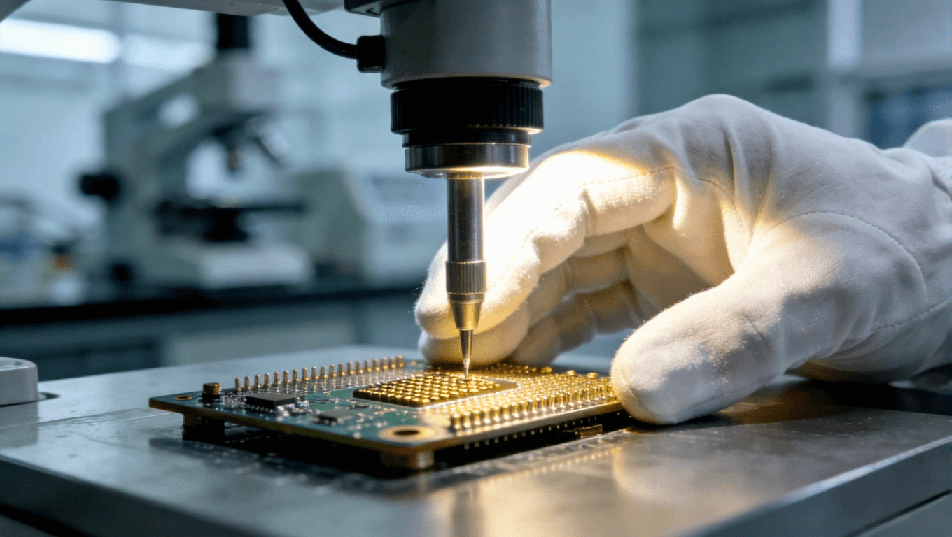 在電子制造實(shí)驗(yàn)室中，技術(shù)人員佩戴潔凈手套，使用精密儀器對沉金電路板焊盤進(jìn)行最終質(zhì)量檢測 