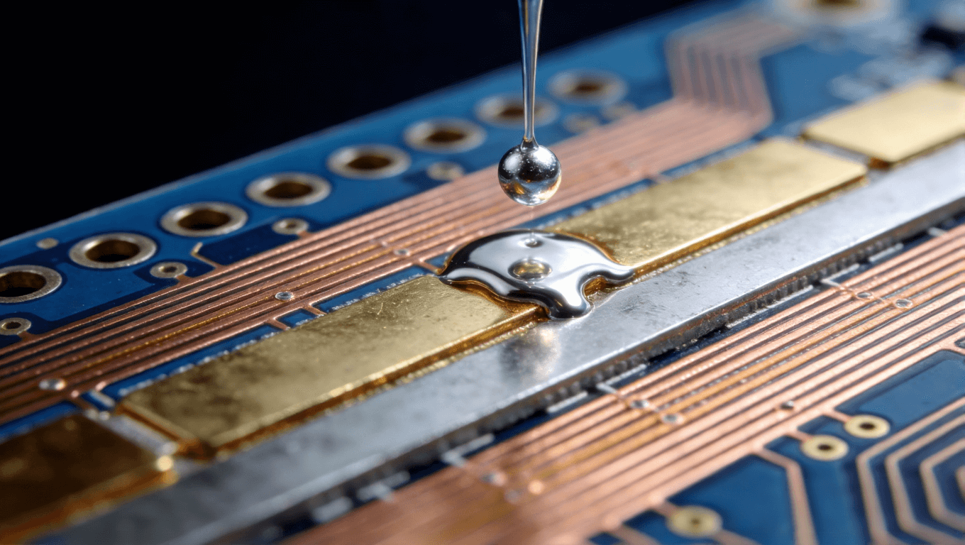 沉金板PCB截面微觀結(jié)構(gòu)特寫，展示銅、鎳、金分層與焊錫浸潤的精密工藝過程 