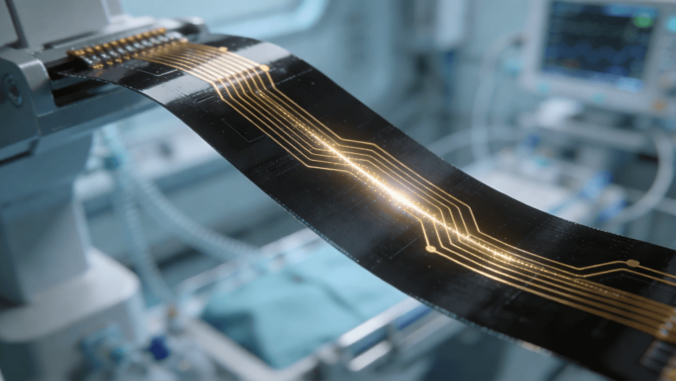 超聲探頭微型化柔性板特寫，展示高精度布線與微型化結(jié)構(gòu)，凸顯信號傳輸穩(wěn)定性