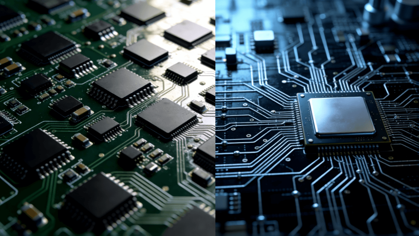 傳統(tǒng)PCB作為通用電路平臺(tái)與IC載板作為芯片定制化互聯(lián)樞紐的俯視對(duì)比圖