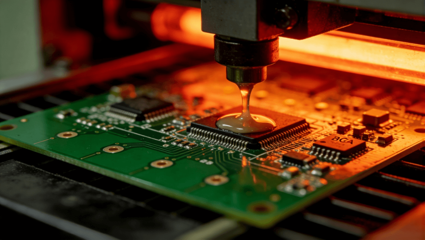 高頻電路板在回流焊爐中進(jìn)行精密焊接過(guò)程特寫，展現(xiàn)溫度控制與焊點(diǎn)形成瞬間