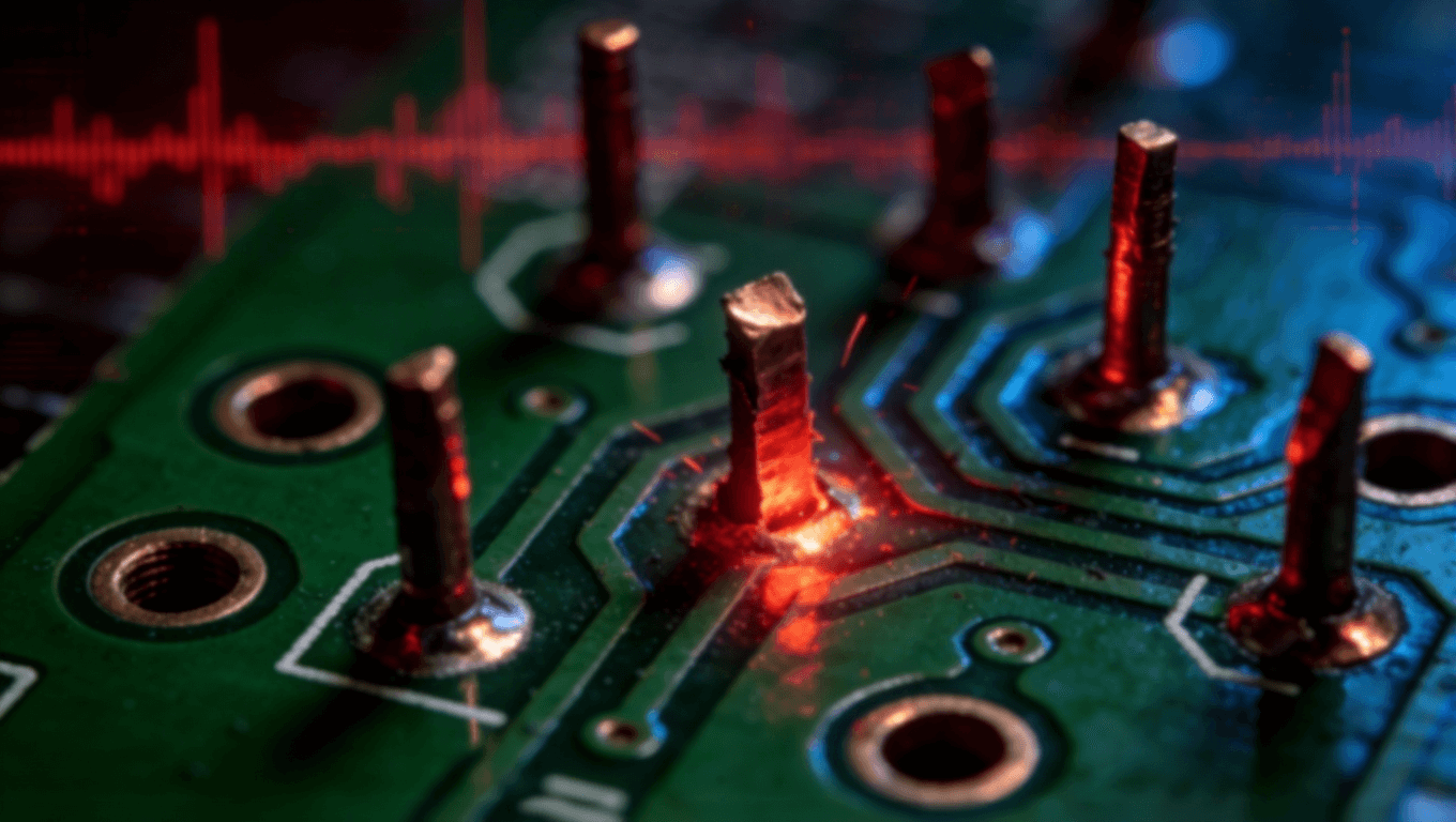 高速光模塊PCB傳統(tǒng)通孔殘樁特寫(xiě)，展示via stub導(dǎo)致的信號(hào)反射與干擾問(wèn)題