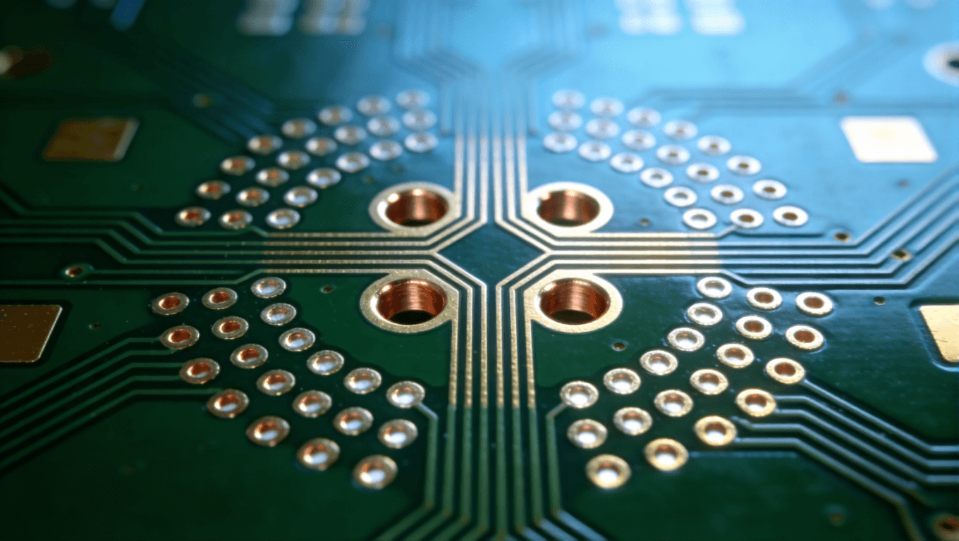 優(yōu)化后的光模塊PCB過(guò)孔設(shè)計(jì)特寫(xiě)，展示激光盲孔、對(duì)稱差分對(duì)與接地屏蔽結(jié)構(gòu)