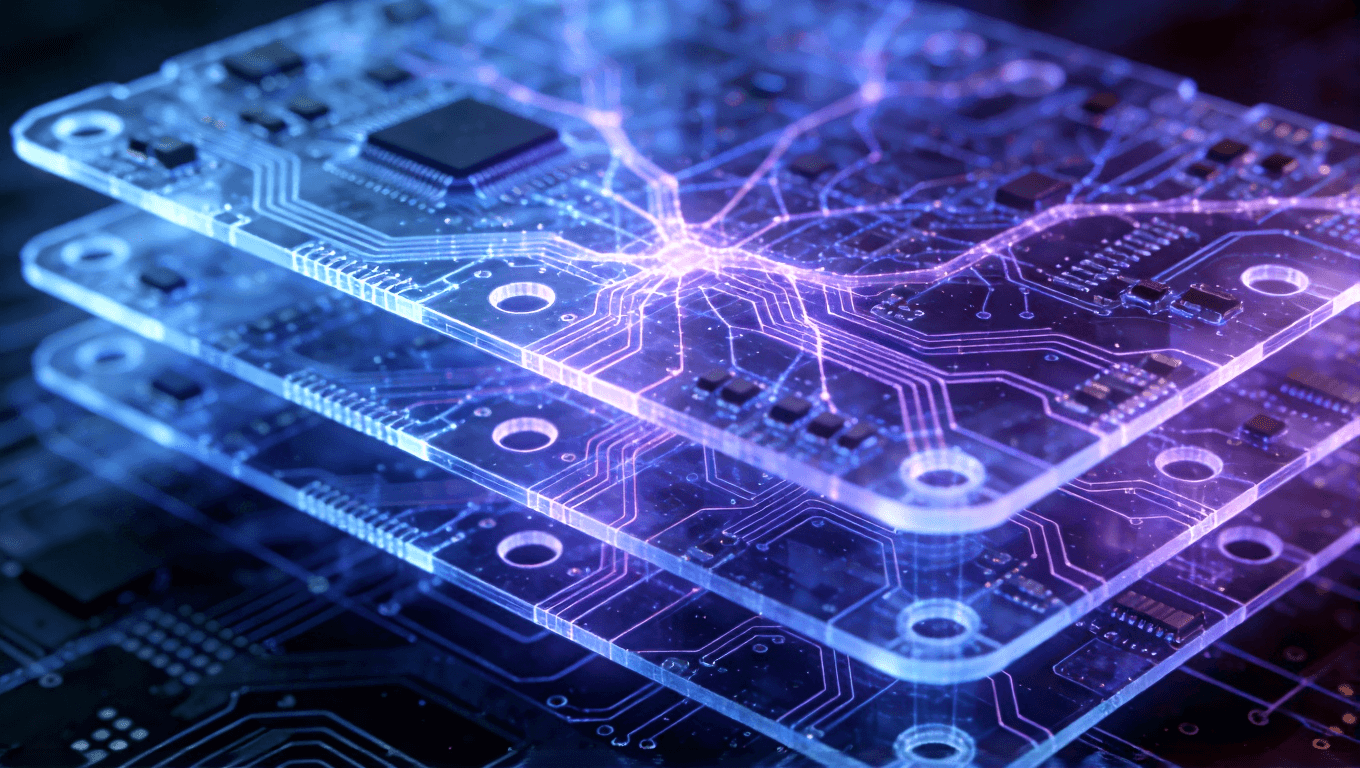 X光透視下的HDI PCB內(nèi)部結(jié)構(gòu)，展示盲埋孔與線路連接