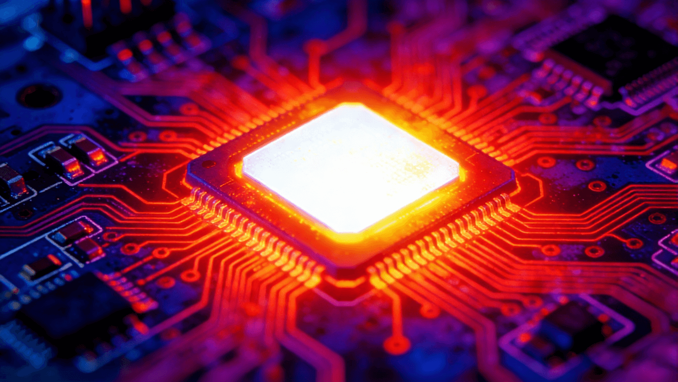 熱成像藝術(shù)效果圖，PCB上LED芯片過熱，核心亮白，熱量呈紊亂紅色輻射狀擴(kuò)散